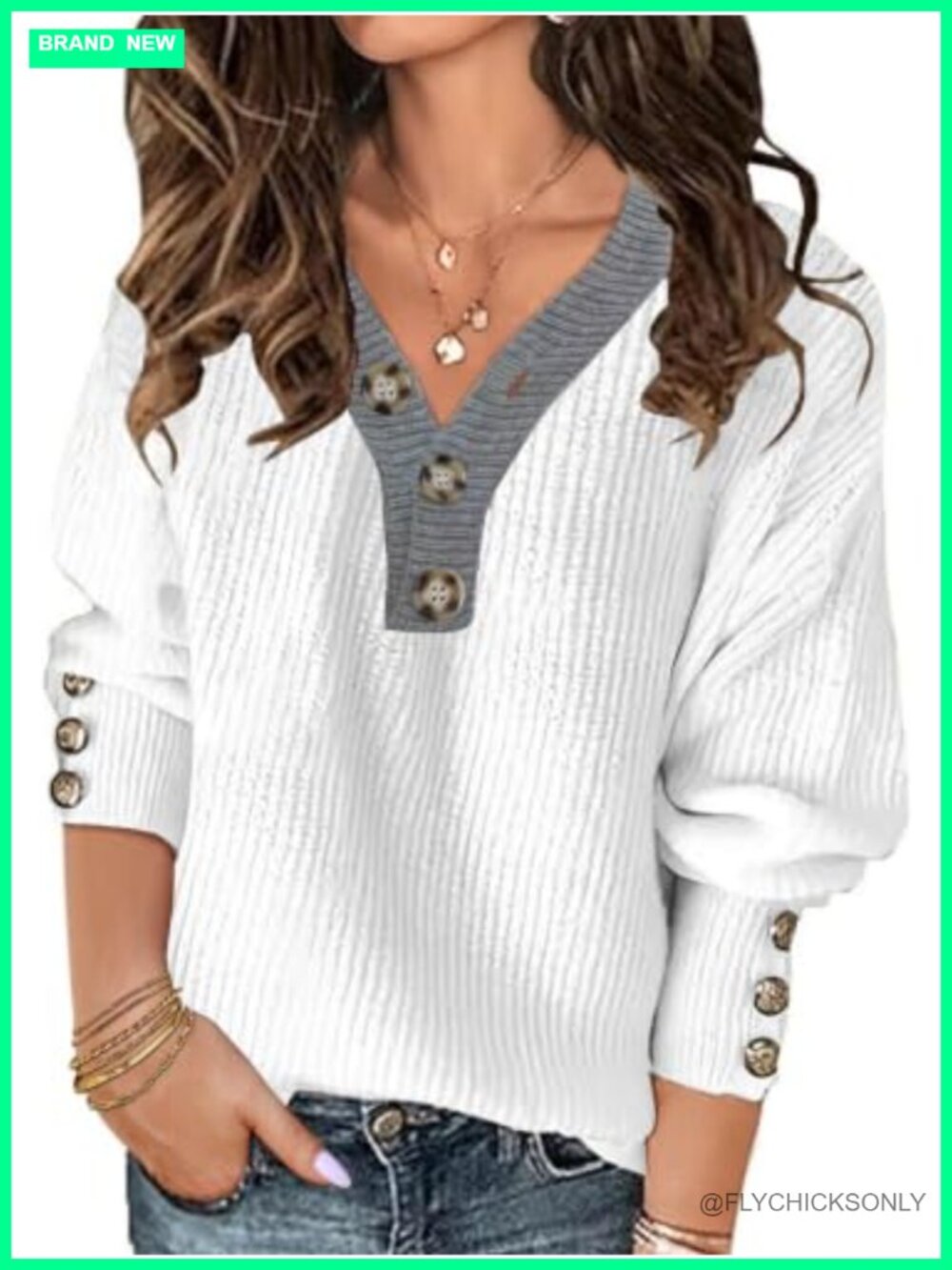Oversized Knitted Pullover Tunic Sweater V-Neck Button Down